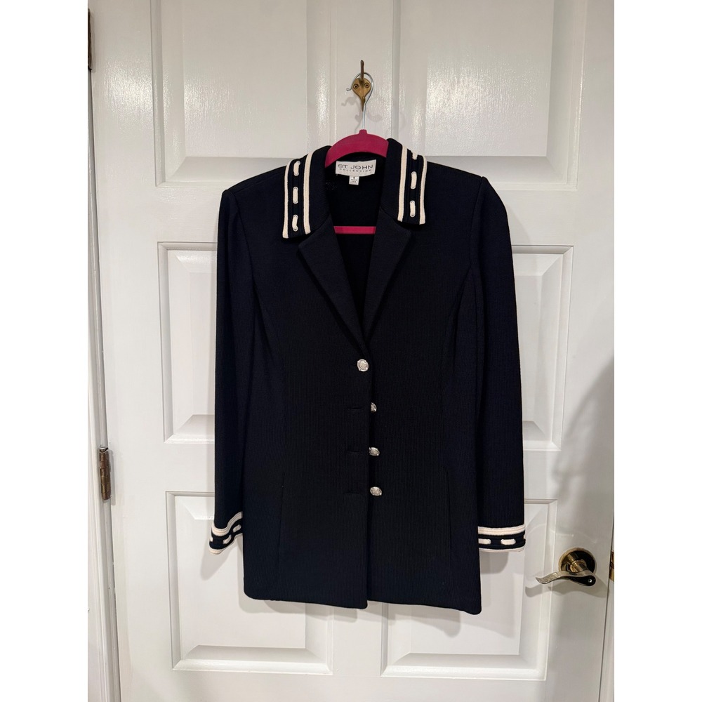 St John Collection Navy Blue Knit Blazer Jacket White Trim Silver Buttons Size 6